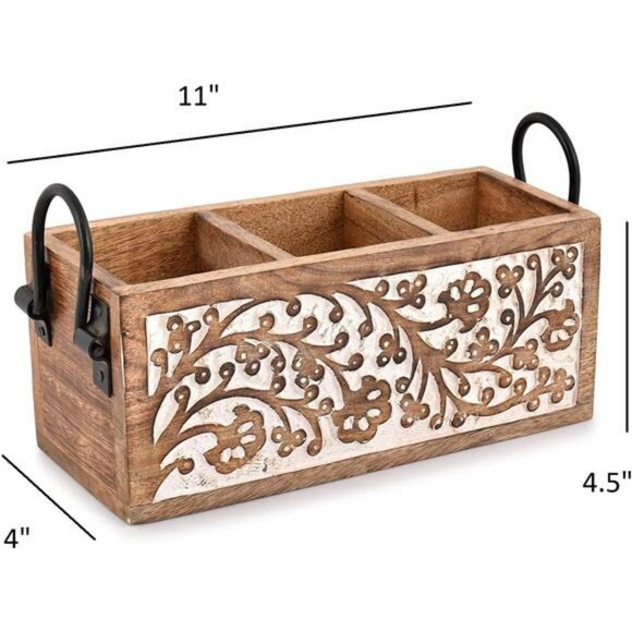 Mango wood utensil holder kitchen drawer organizer rustic cutlery storage caddy - Picture 2 of 6